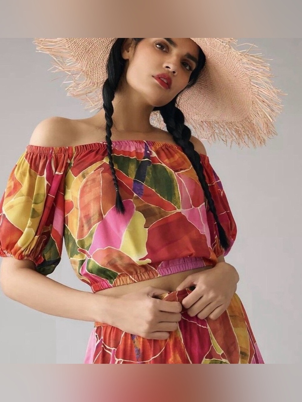 NWT Farm Rio Anthropologie Off-The-Shoulder Colorful Abstract Floral Crop Top SM
